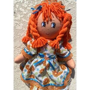 Vintage 20" Rag Doll Orange Yarn Braids Painted Face Blue Eyes